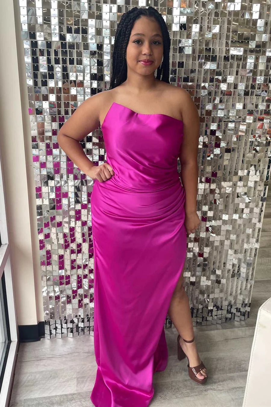 Strapless Ruched Long Formal Dress with Slit