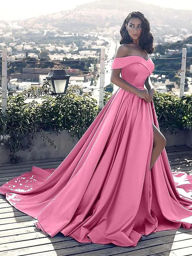 DingjiA-Line Minimalist Sexy Prom Formal Evening Dress Off Shoulder Sleeveless Chapel Train Satin with Split Front