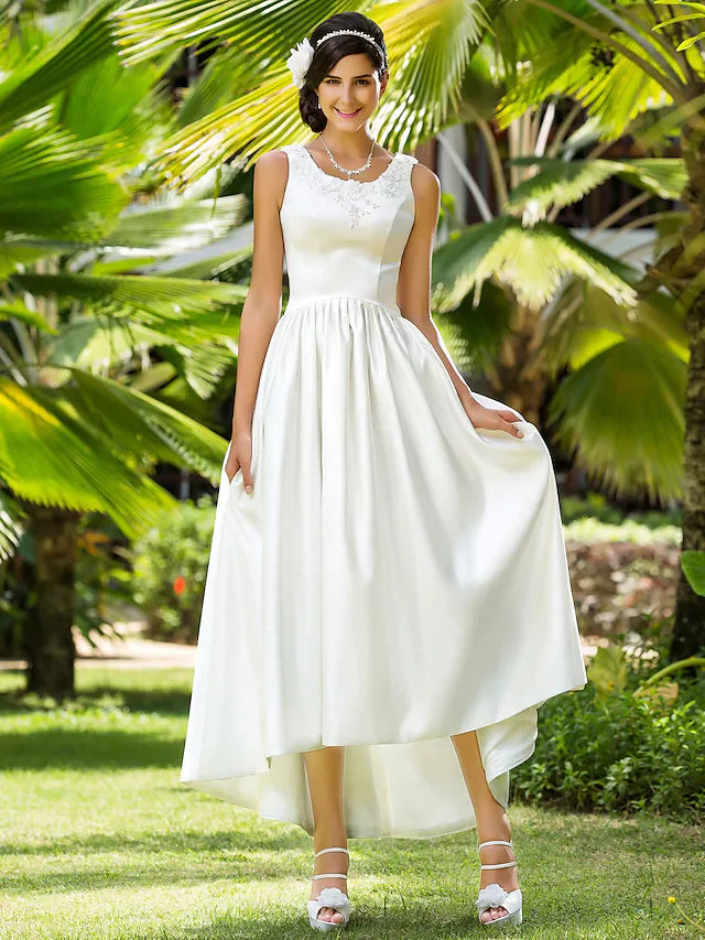 DingjiPrincess A-Line Wedding Dresses Scoop Neck Asymmetrical Satin Sleeveless with Beading Appliques Pocket