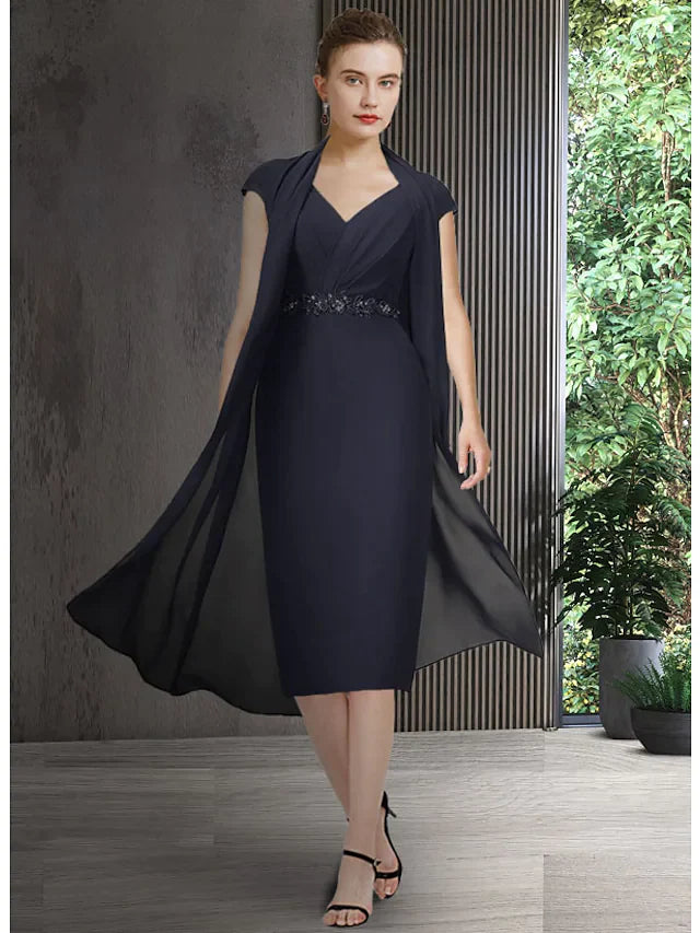 Mother of the Bride Dress Elegant V Neck Knee Length Chiffon Short Sleeve with Sash Ribbon