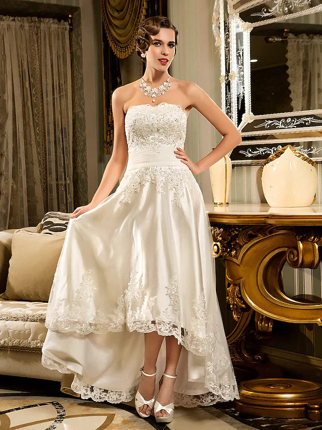 DingjiA-Line Wedding Dresses Strapless Asymmetrical Beaded Lace Strapless Vintage Illusion Detail with Appliques Button