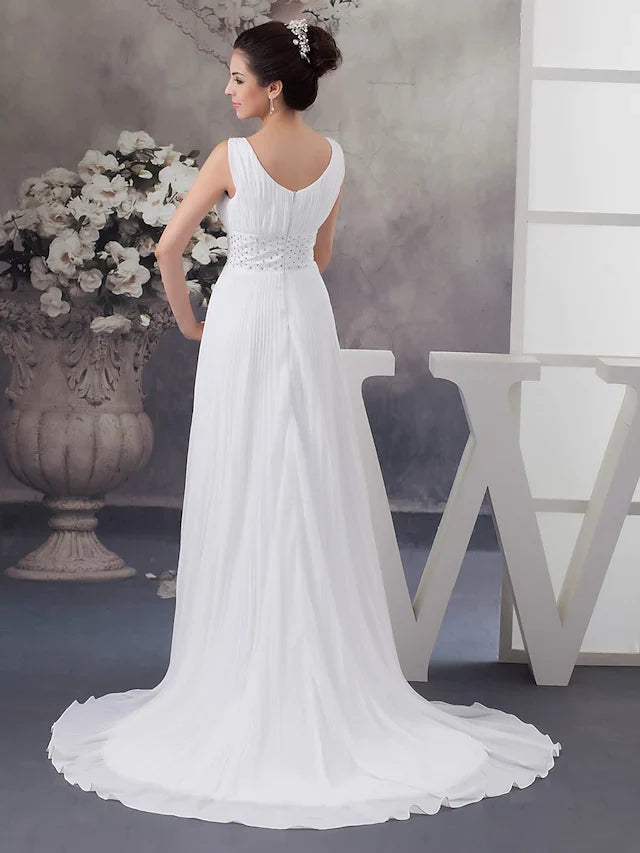 A-Line Wedding Dresses V Neck Chapel Train Chiffon Satin Regular Straps with Crystals Beading Draping