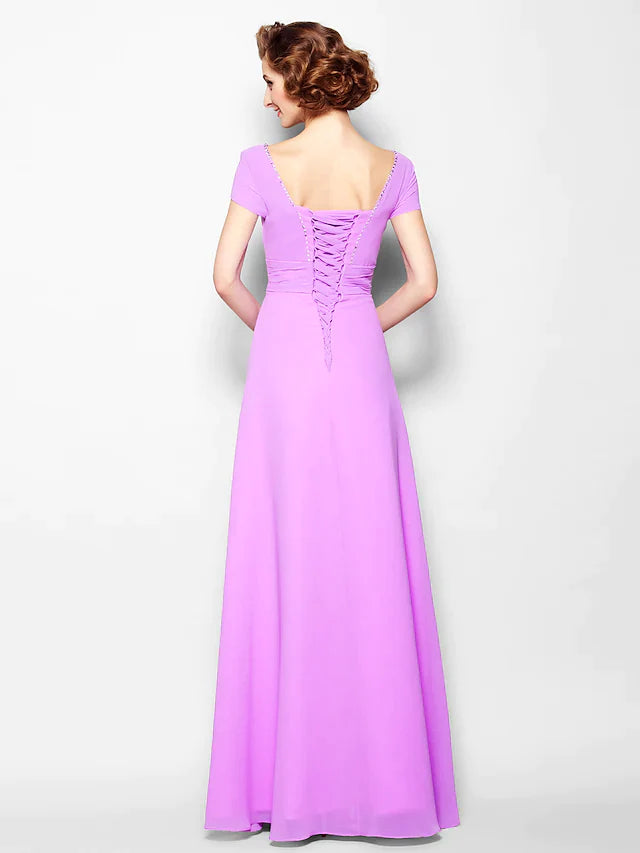 A-Line Mother of the Bride Dress Lace Up Square Neck Floor Length Georgette Short Sleeve with Ruched Beading