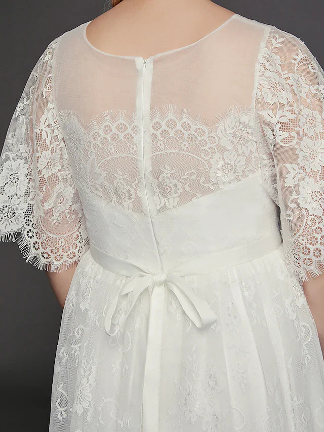 DingjiA-Line Wedding Dresses Illusion Neck Jewel Neck Floor Length Lace Tulle Half Sleeve Formal Boho Little White Dress See-Through with Beading Lace Insert