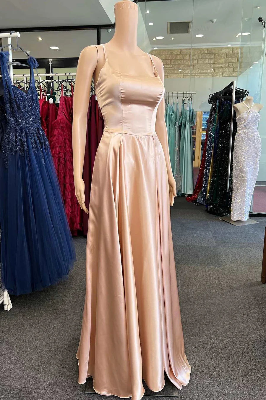 Simple Fuchsia Straps A-Line Long Prom Dress