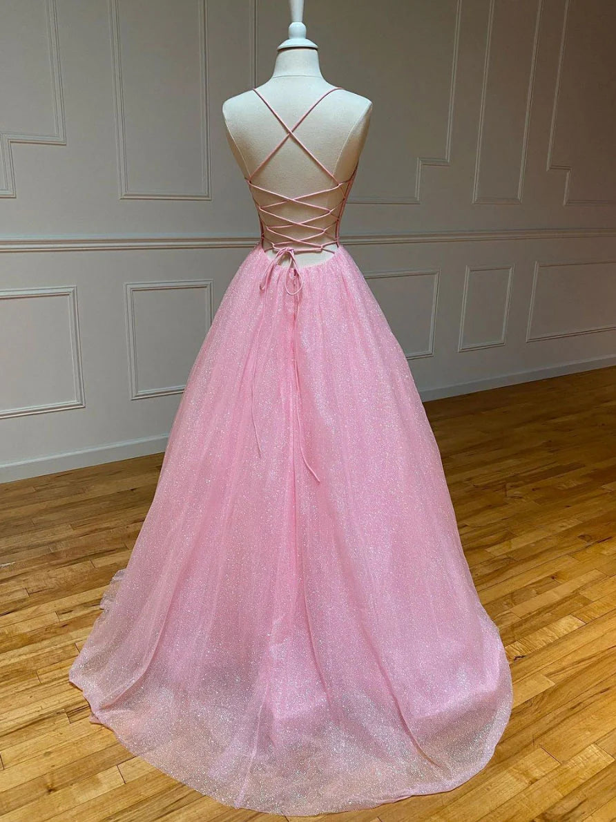 Pink A-line v neck tulle long prom dress pink evening dress