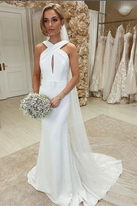Cross-Front Keyhole Sheath Long Wedding Dress