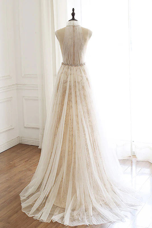 Light champagne tulle lace long prom dress formal dress