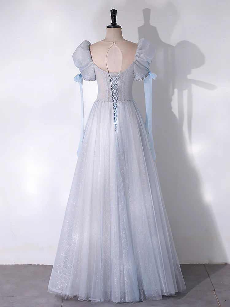 A-Line Scoop Neckline Tulle Light Blue Long Prom Dress