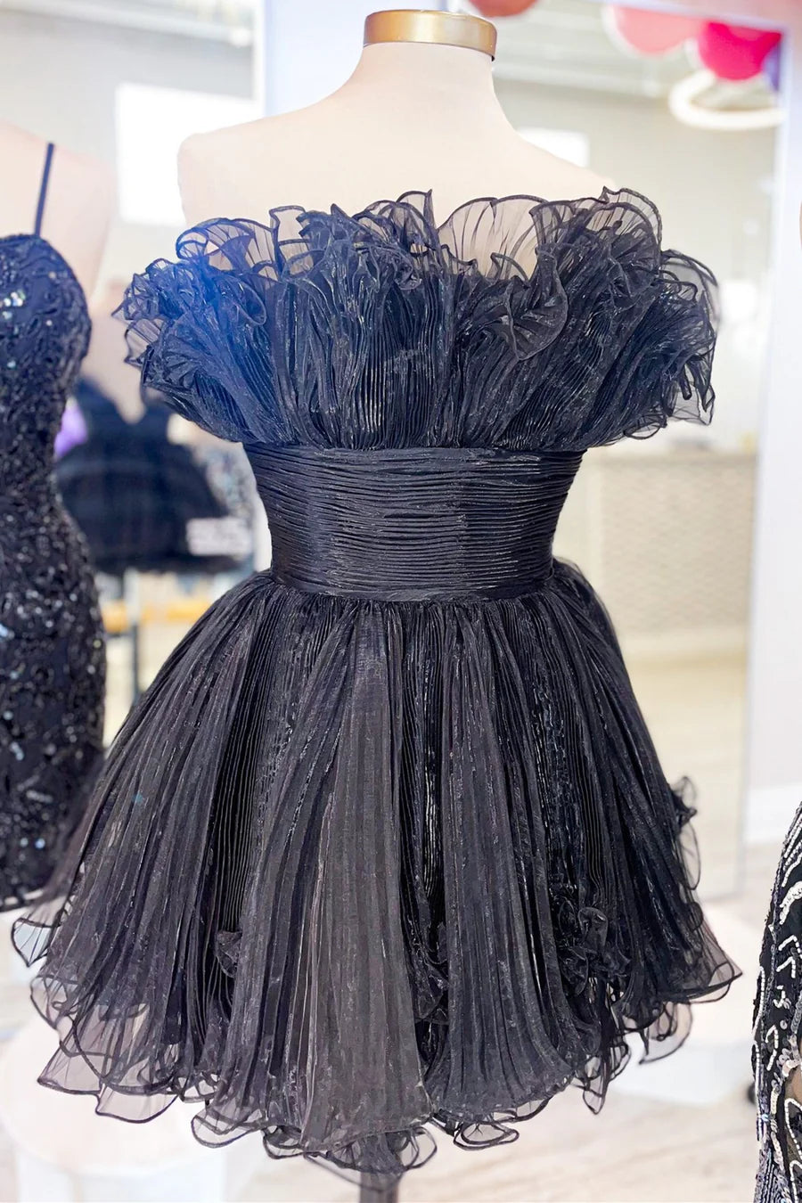 Strapless Pleated Short Dress with Ruffles