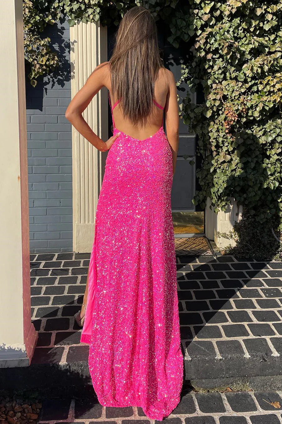Sequined V-Neck Backless Long Prom Dress