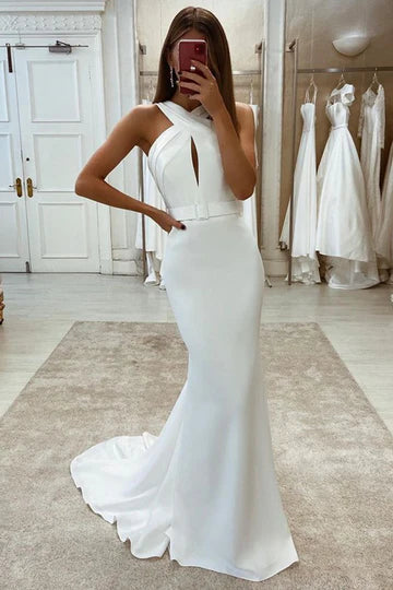 Cross-Front Keyhole Sheath Long Wedding Dress
