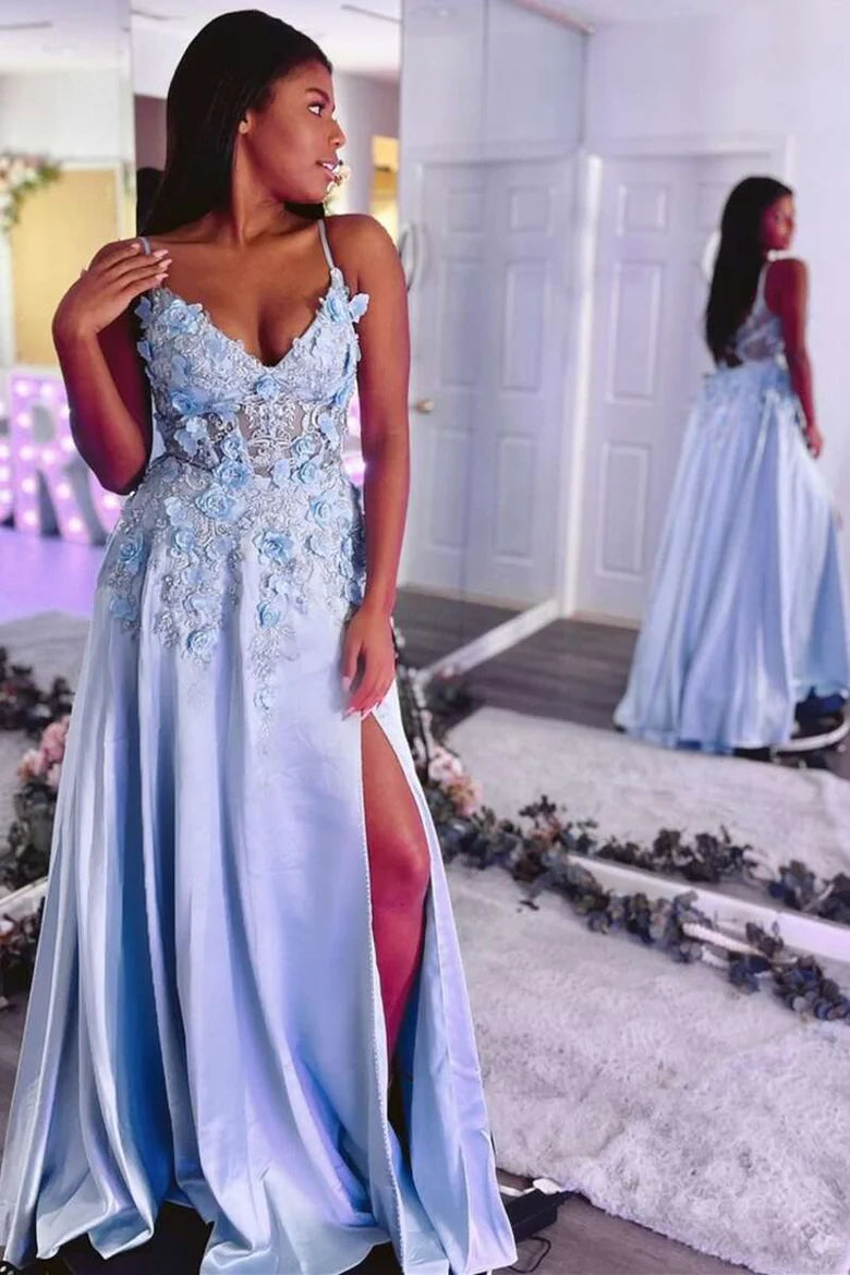 V-Neck Backless A-Line Prom Dress with 3D Flowers