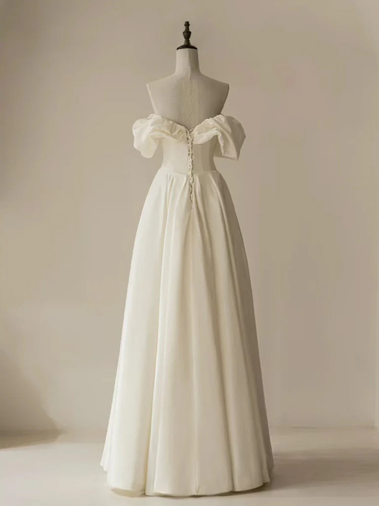 A-Line Off Shoulder Ivory Satin Long Prom Dress