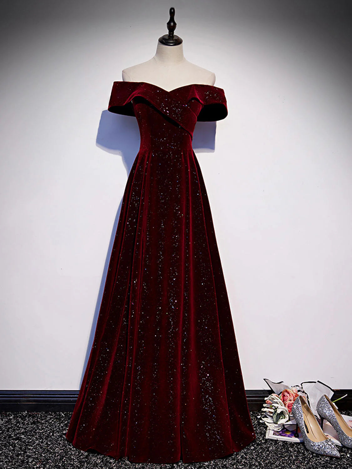 A-Line Off Shoulder Velvet Burgundy Long Prom Dress