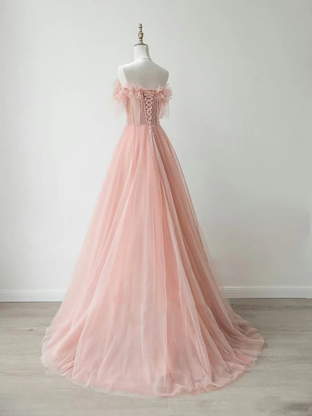 A-Line Sweetheart Neck Tulle Lace Pink Long Prom Dress