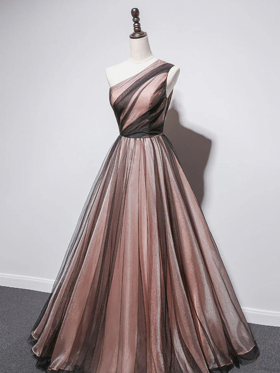 One Shoulder Tulle Long Prom Dresses A line Tulle Evening Dress