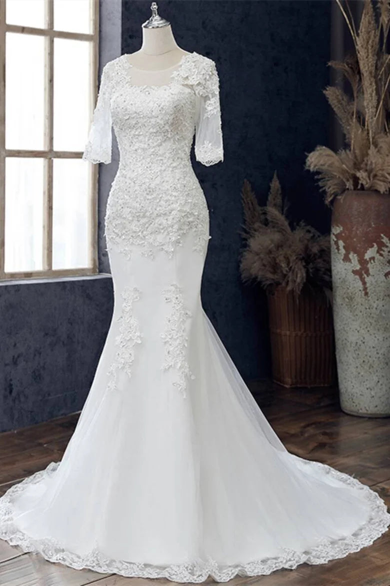 Jewel Half Sleeve Mermaid Wedding Dress