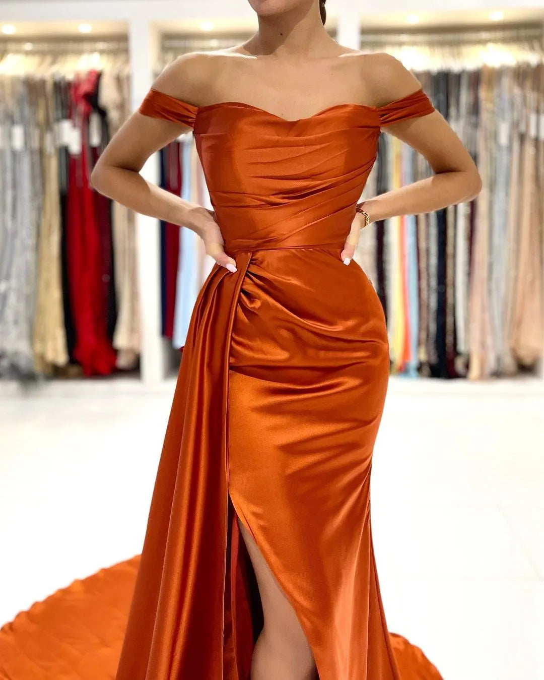 Long Satin Off-the-shoulder Mermaid Prom Dresses With Side Slit
