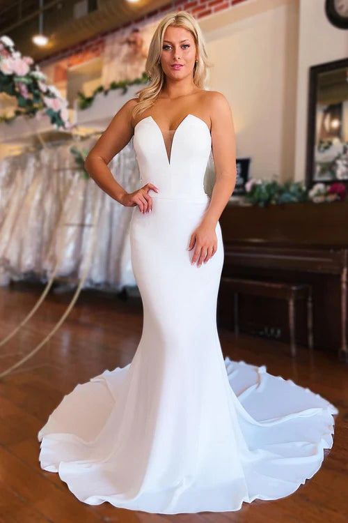 Simple White Boho Mermaid Satin Long Sleeveless Wedding Dress