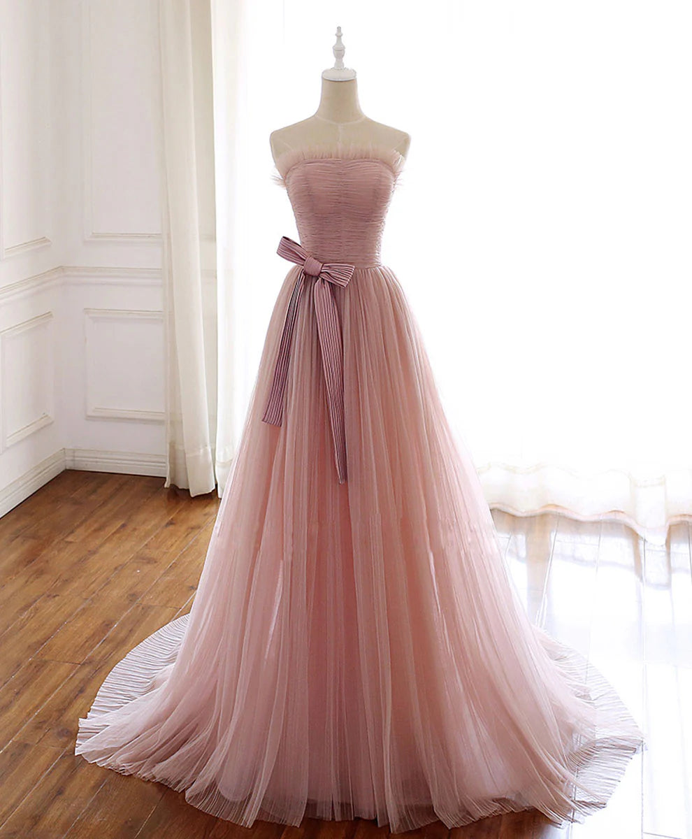 Pink Tulle Long Prom Dress Aline Pink Tulle Formal Party Dresses