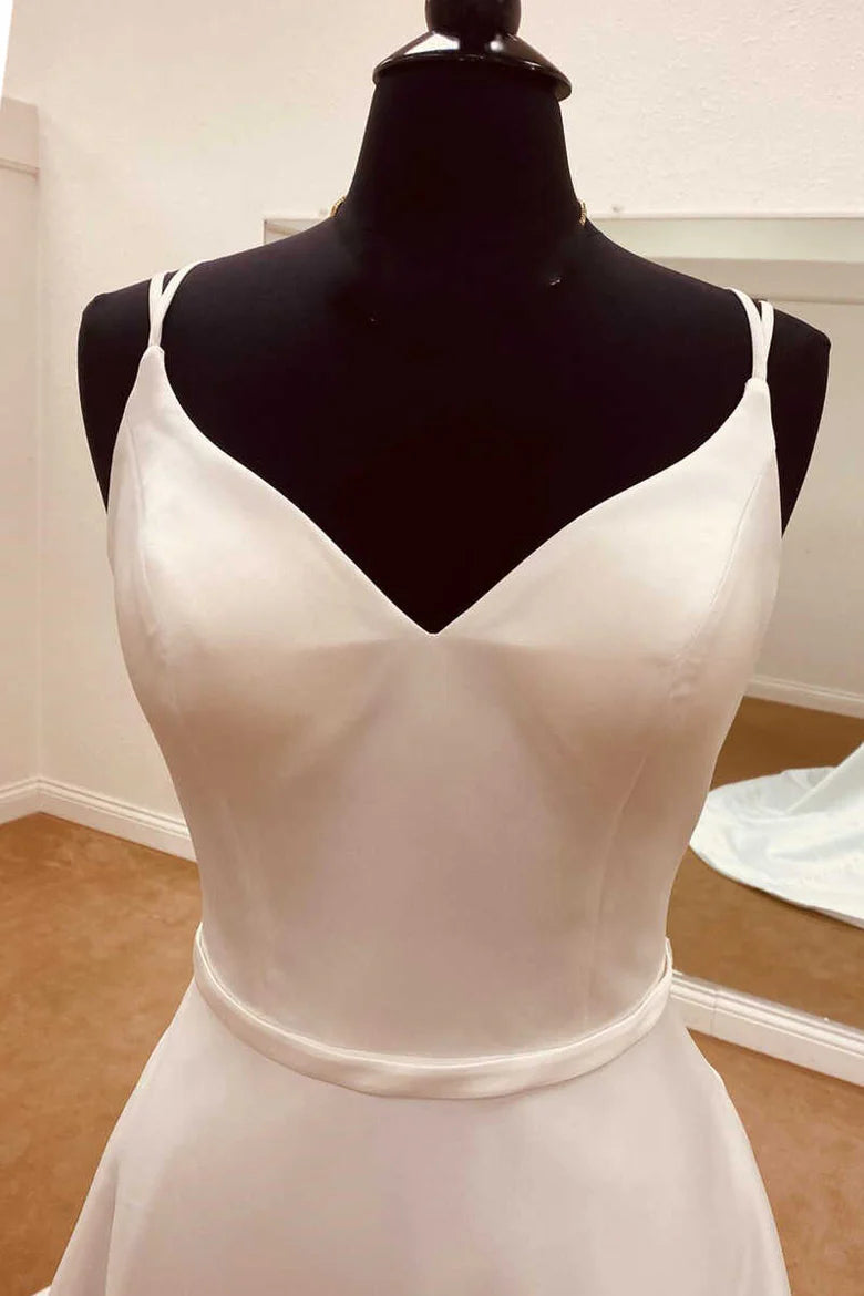 Elegant Satin Spaghetti Straps Backless Long Wedding Dress