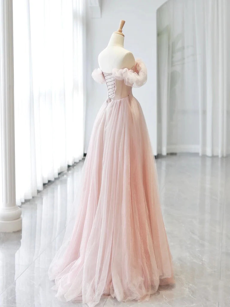 A-Line Sweetheart Neck Off Shoulder Tulle Pink Long Prom Dress
