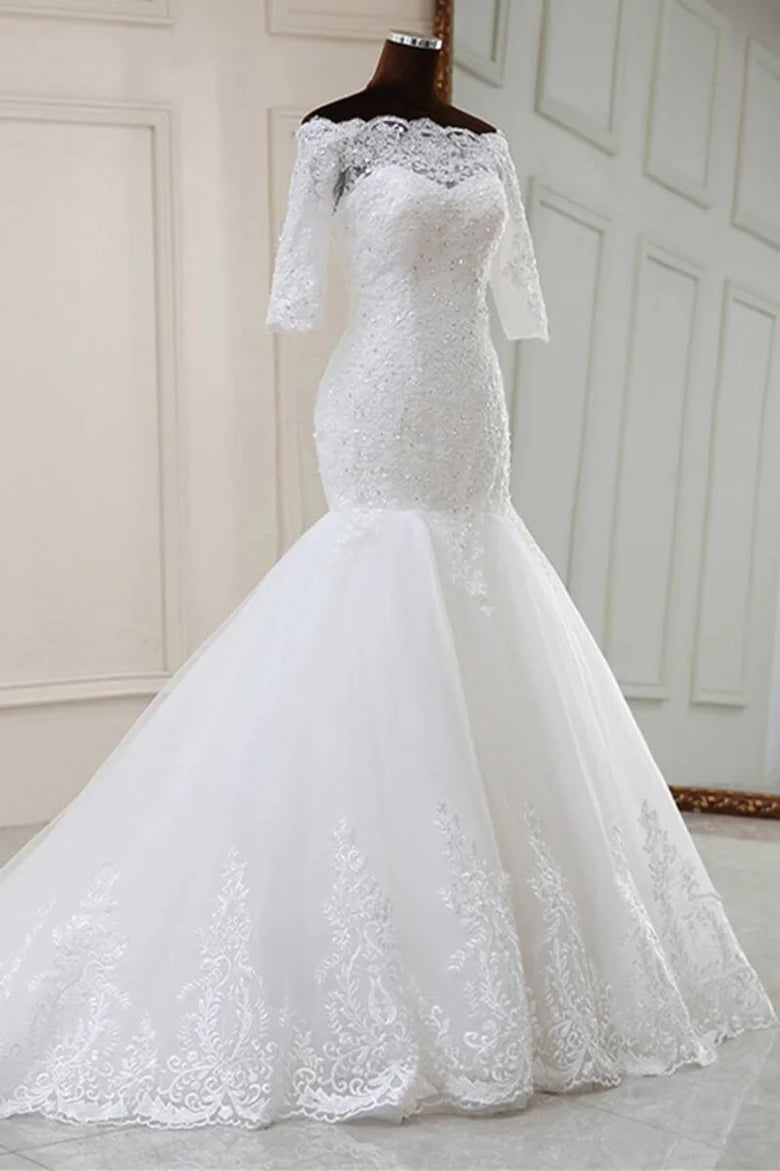 Lace Off-the-Shoulder Half Sleeve Trumpet Wedding Dress
