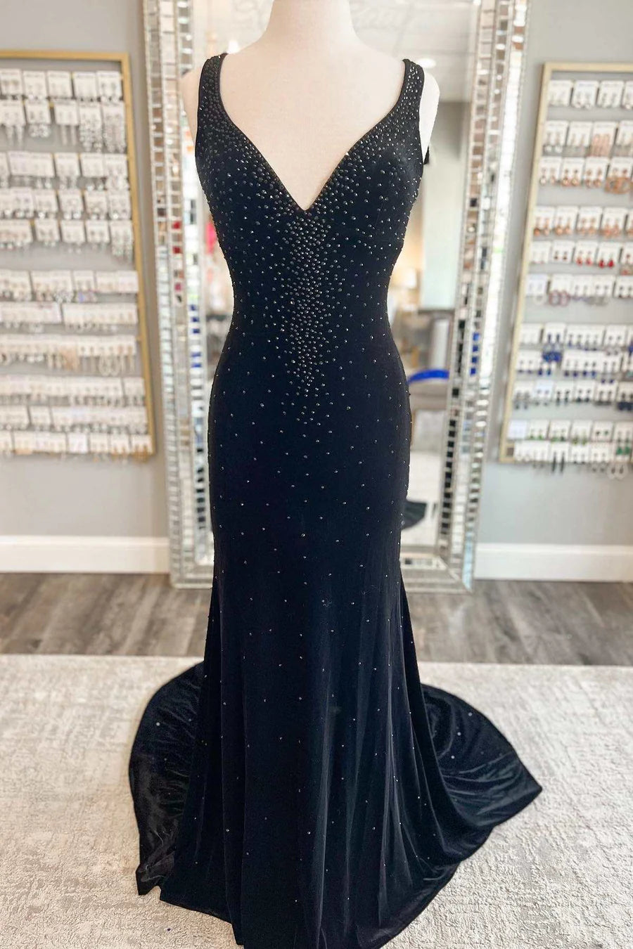 Velvet V-Neck Cutout Back Mermaid Long Formal Dress