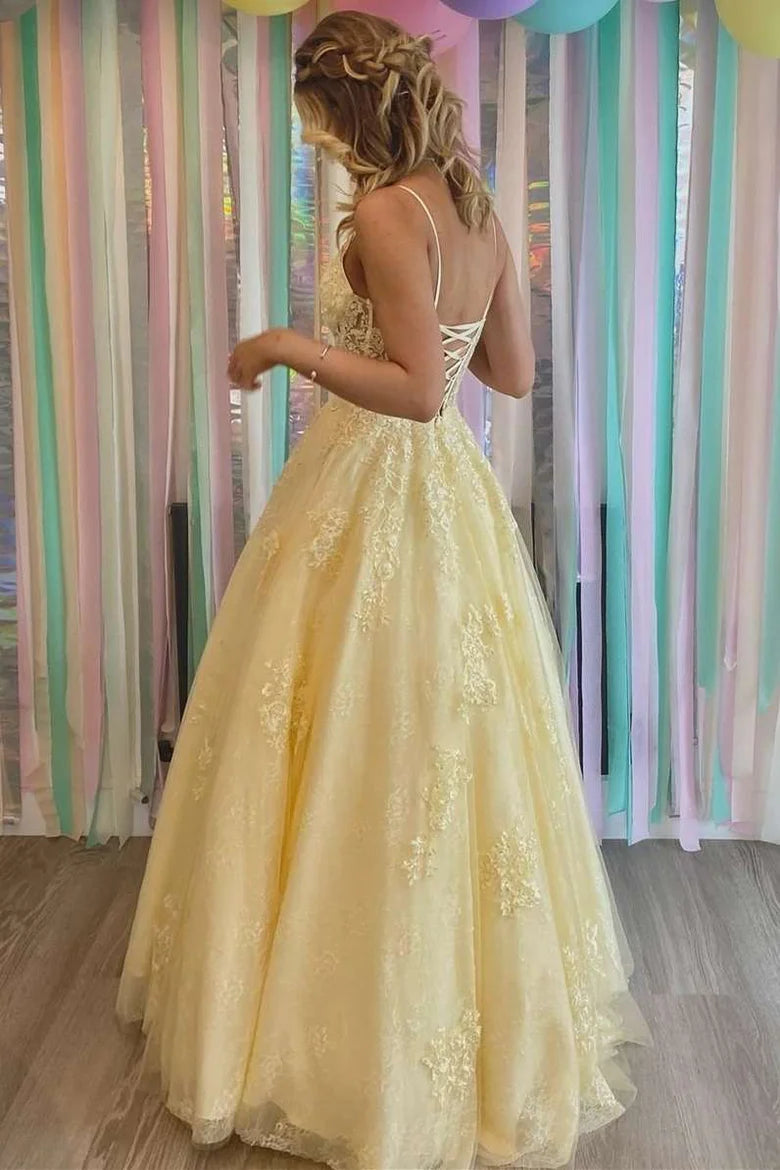 Yellow V-Neck Lace-Up Back Long Prom Dress