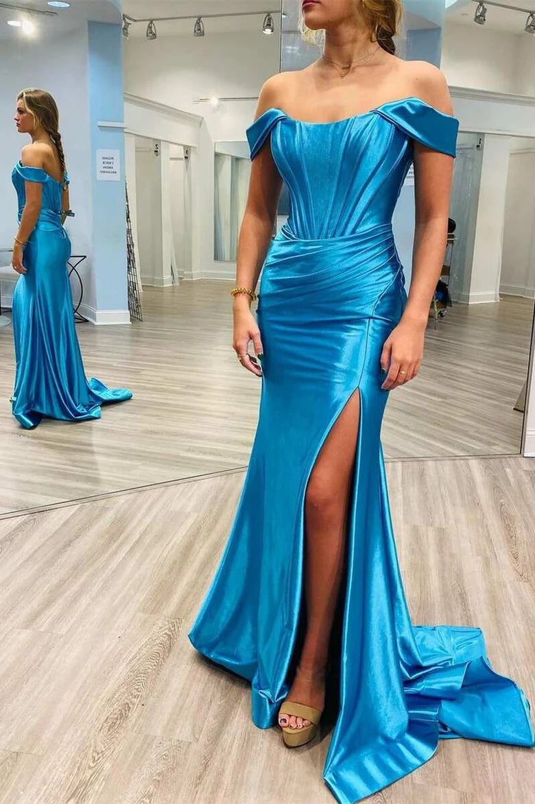 Off-the-Shoulder Pleated Mermaid Long Formal Dress