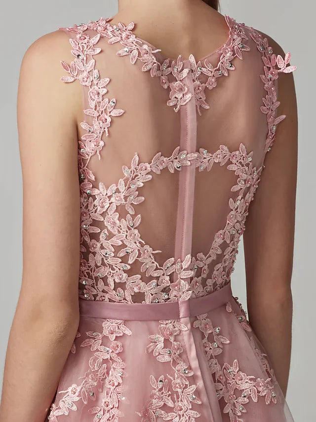 DingjiA-Line Beautiful Back Floral Cute Cocktail Party Prom Valentine's Day Dress Illusion Neck Sleeveless Knee Length Tulle Over Lace with Beading Appliques
