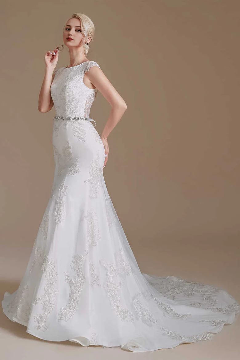 Lace Cap Sleeve Sheer Back Mermaid Wedding Dress