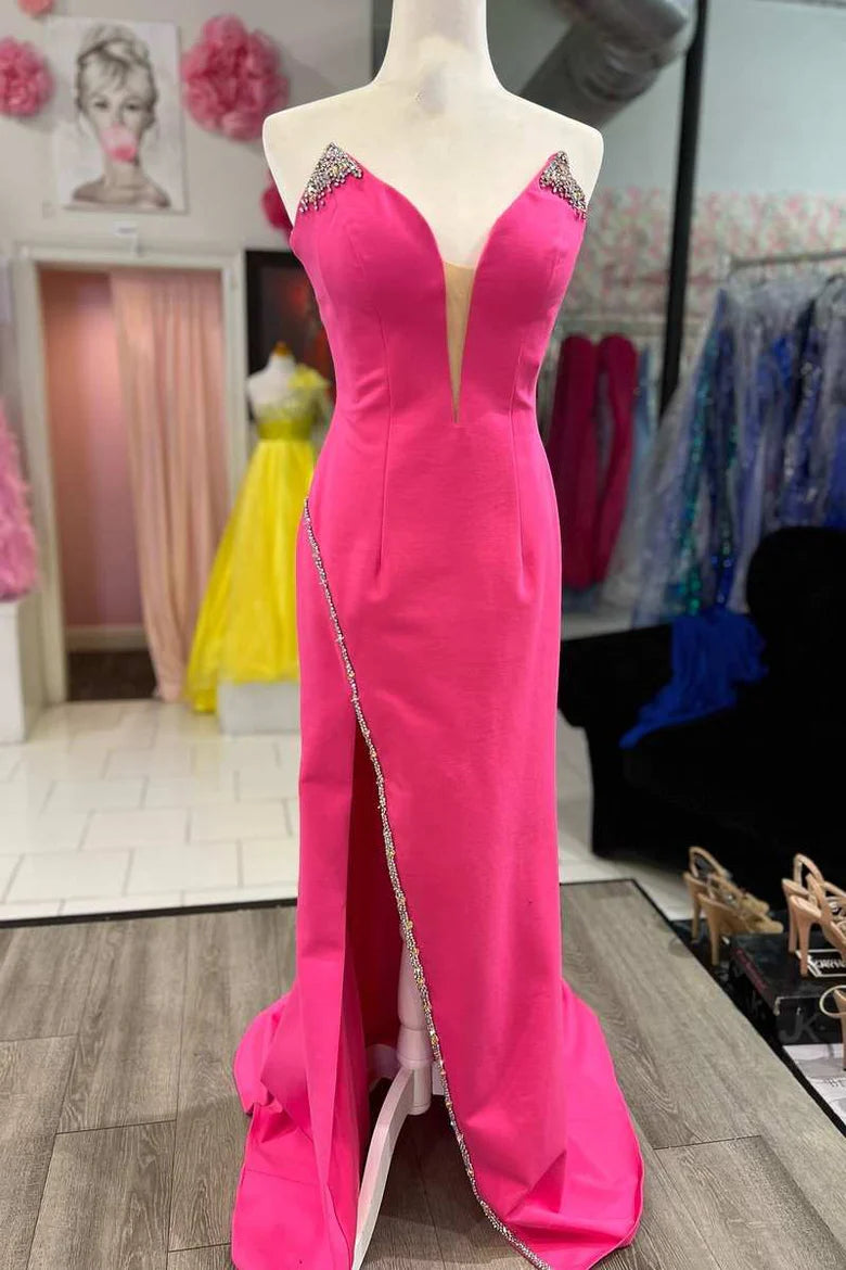 Bead-Trimmed Strapless Long Formal Dress with Slit