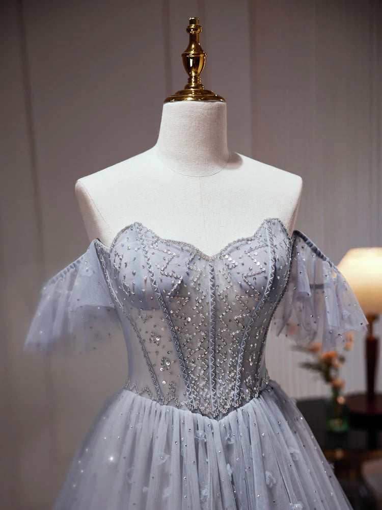 A-Line Gray Blue Tulle Sequin Beading Long Prom Dress