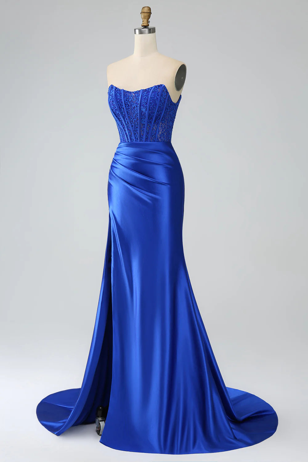 Royal Blue Mermaid Strapless Long Corset Prom Dress with Slit