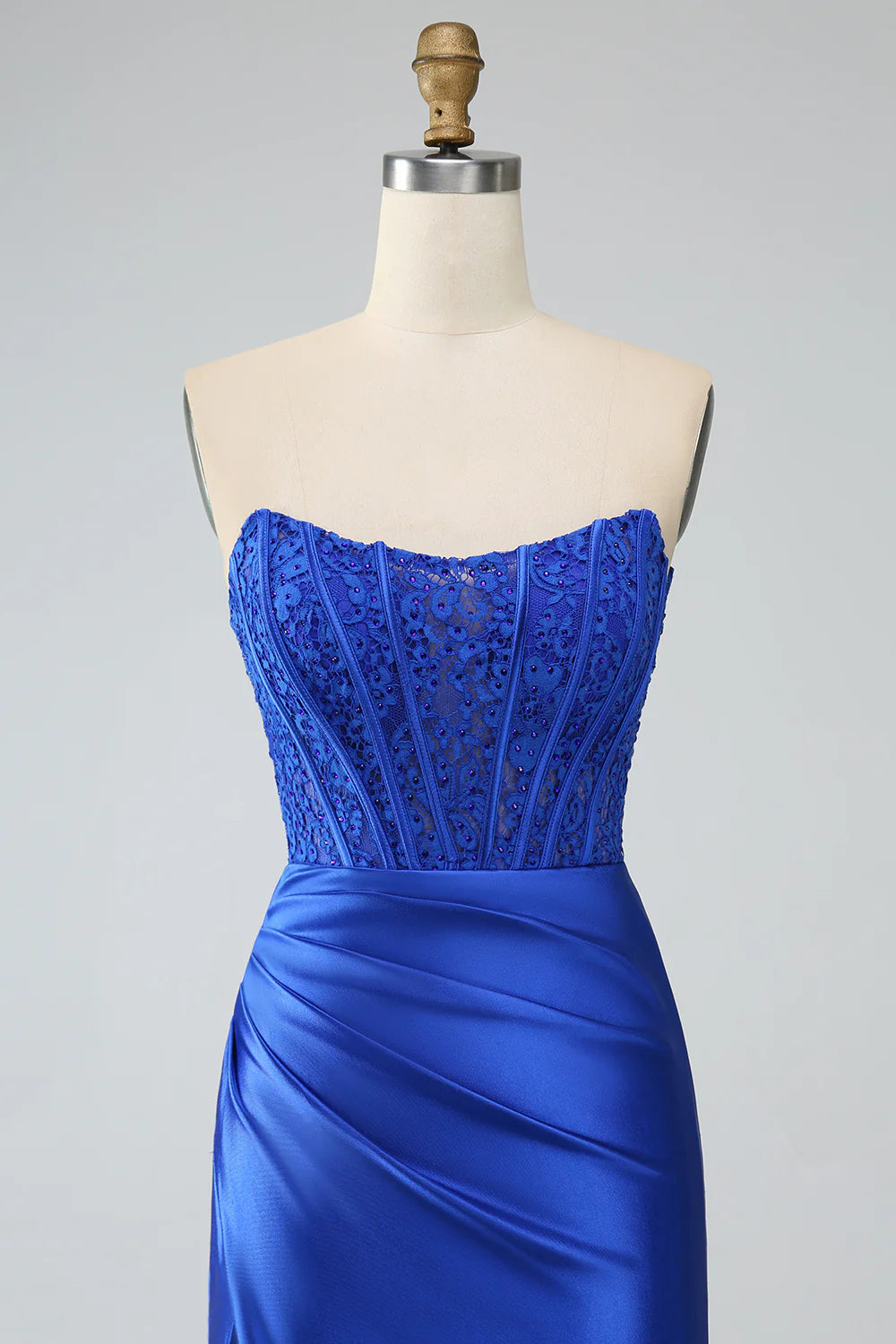Royal Blue Mermaid Strapless Long Corset Prom Dress with Slit