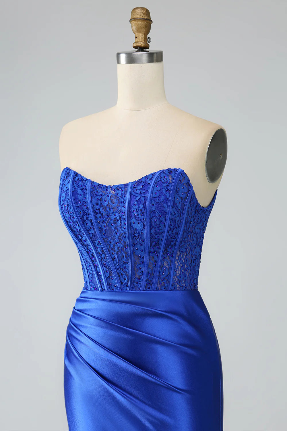 Royal Blue Mermaid Strapless Long Corset Prom Dress with Slit