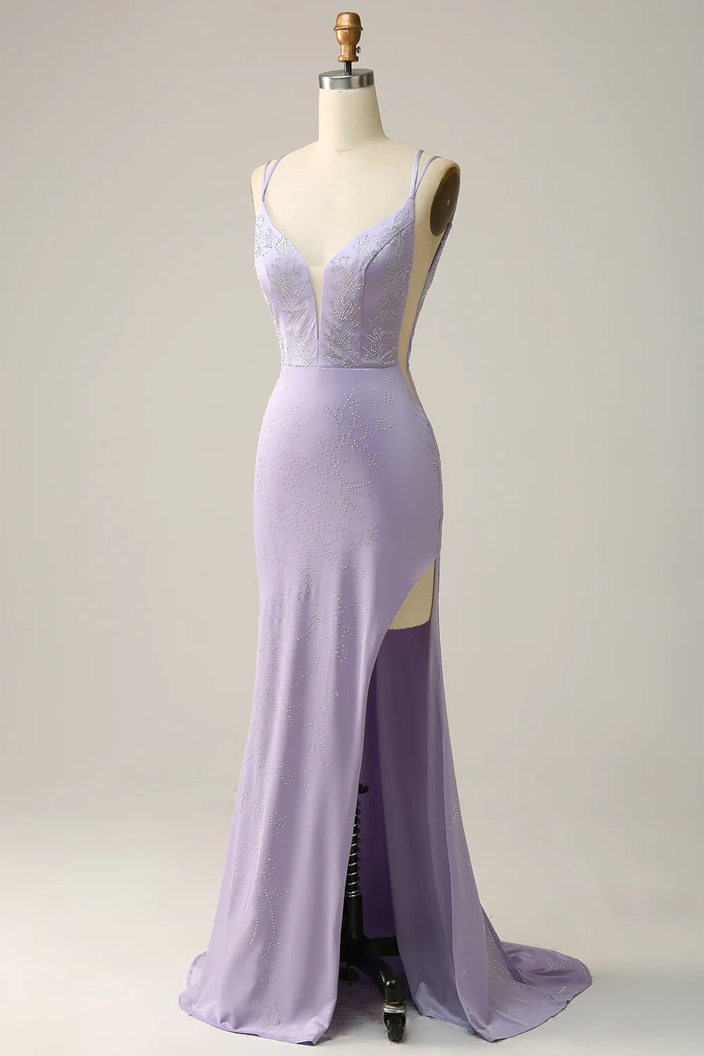 Mermaid Spaghetti Straps Lilac Long Prom Dress with Split Front