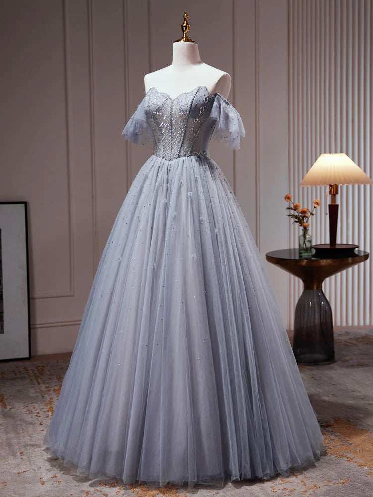 A-Line Gray Blue Tulle Sequin Beading Long Prom Dress