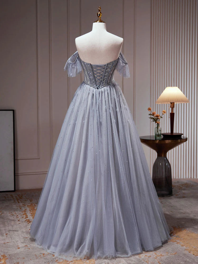 A-Line Gray Blue Tulle Sequin Beading Long Prom Dress