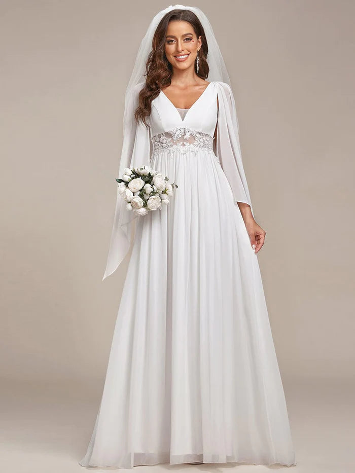 Deep V Neck Applique Long Split Wedding Dress