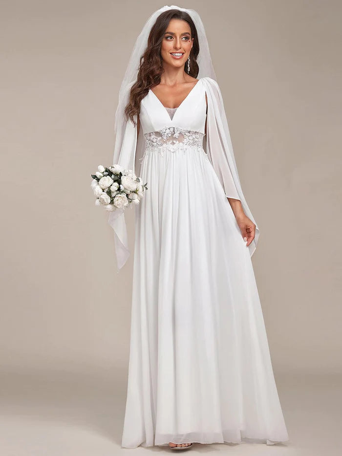 Deep V Neck Applique Long Split Wedding Dress