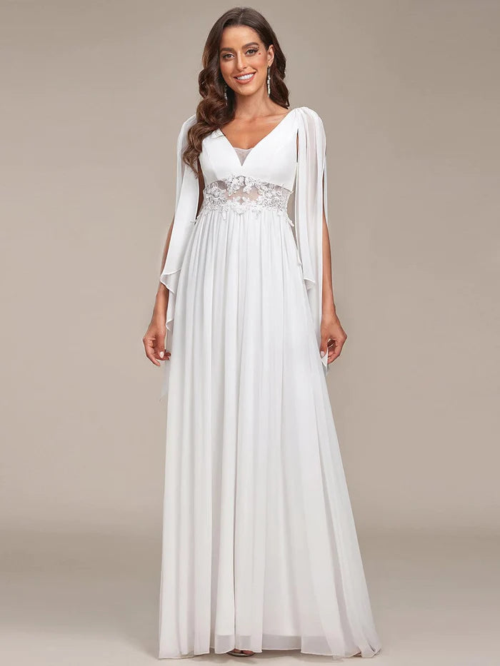 Deep V Neck Applique Long Split Wedding Dress
