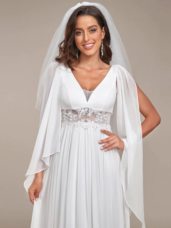 Deep V Neck Applique Long Split Wedding Dress