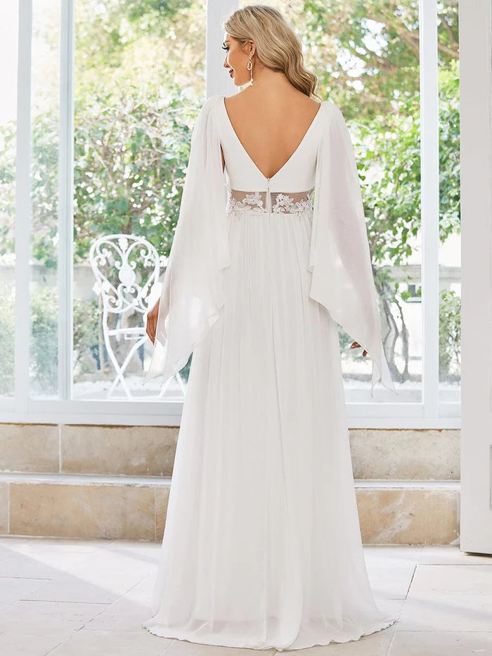 Deep V Neck Applique Long Split Wedding Dress