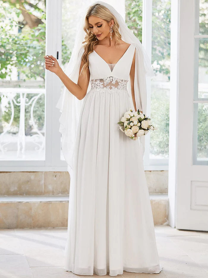 Deep V Neck Applique Long Split Wedding Dress