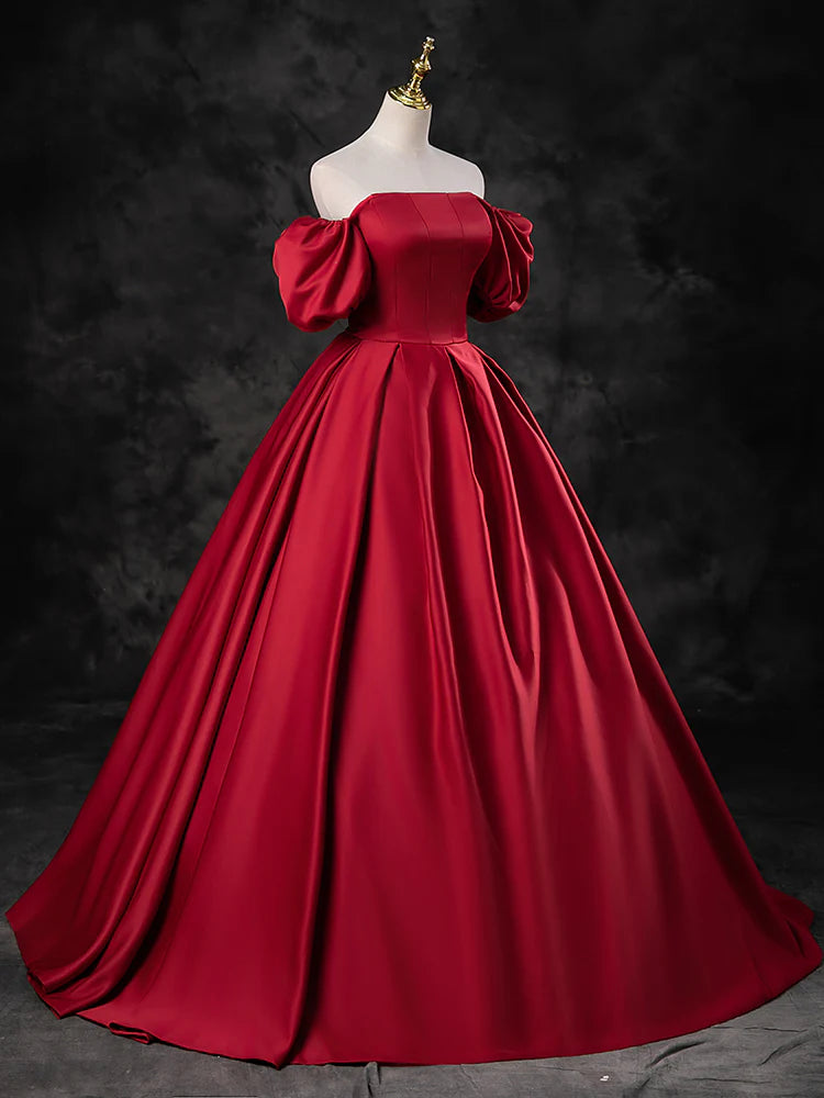 A-Line Burgundy Satin Long Prom Dress