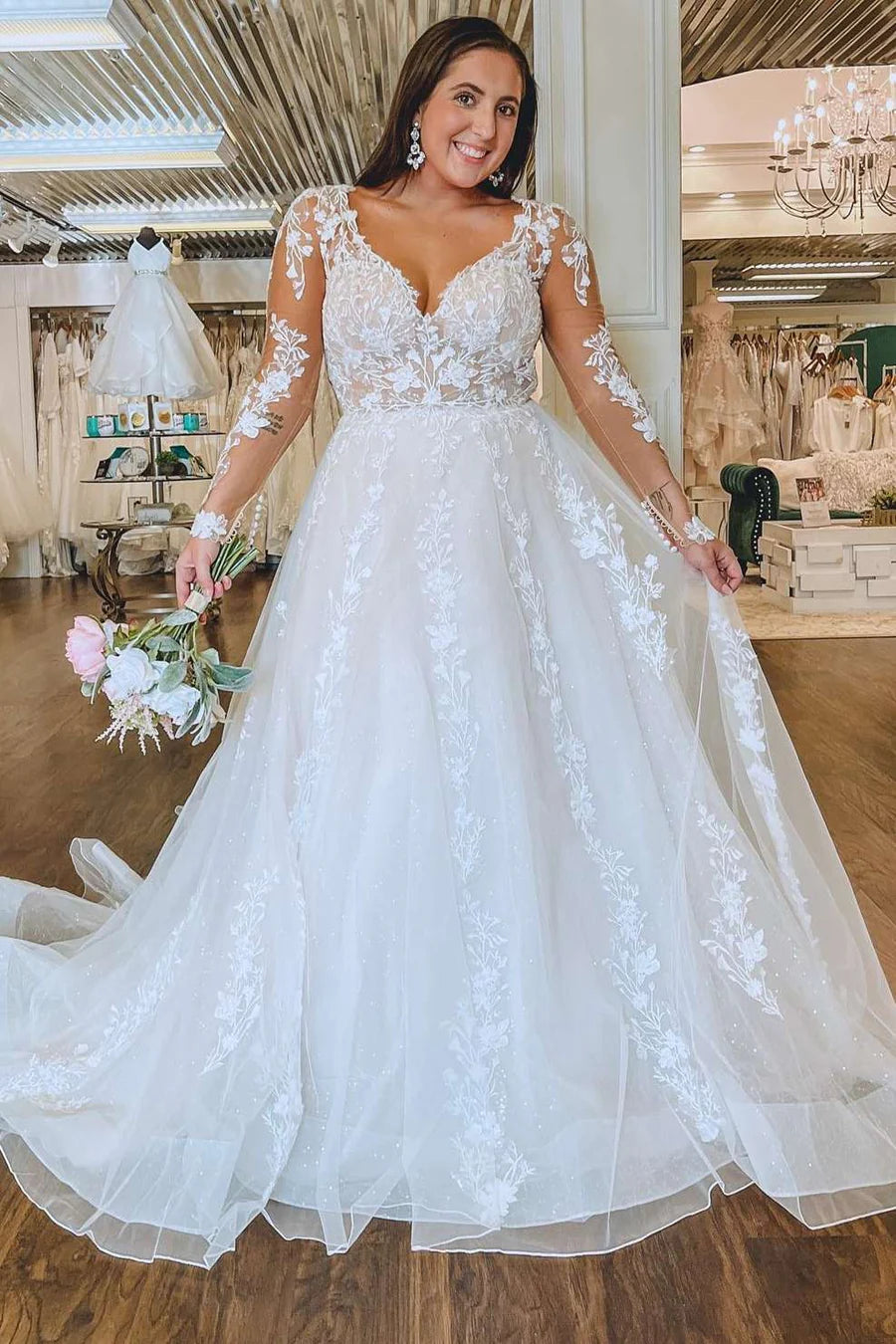 Floral Lace Queen Anne Long Sleeve Wedding Dress
