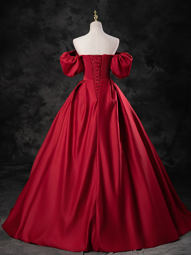 A-Line Burgundy Satin Long Prom Dress